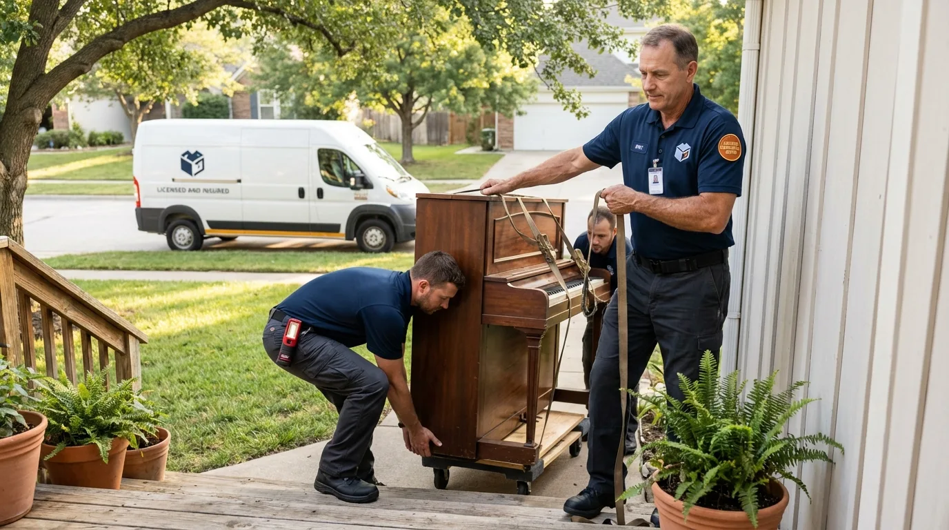 Licensed piano movers securing grand piano in Waynesville, MO