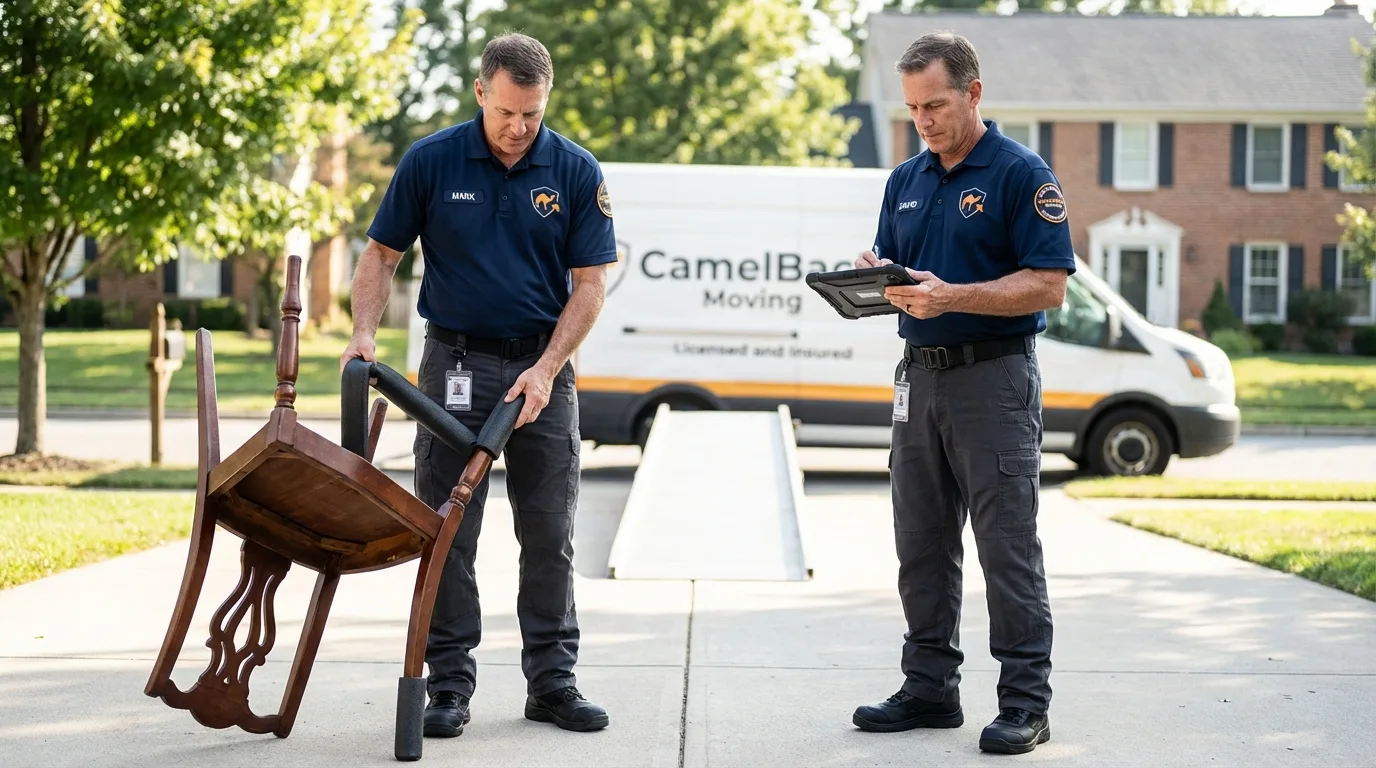 Movers inspecting furniture for damage prevention before loading in Waynesville, MO