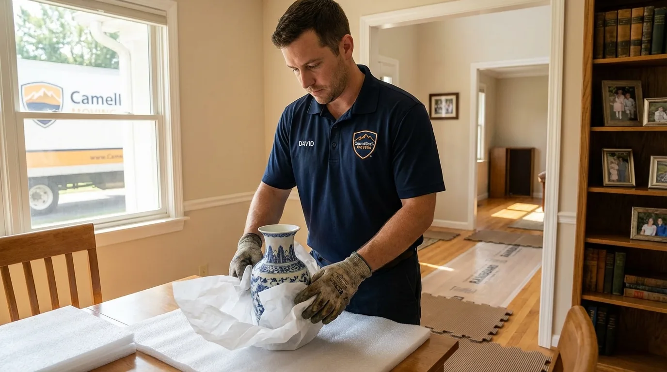 Professional crew carefully wrapping antique vase for senior downsizing move in Waynesville, MO